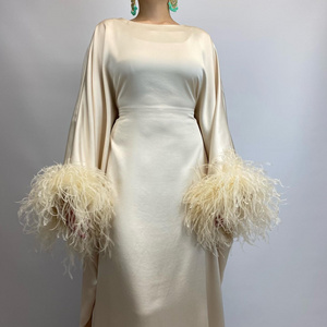 Saudi Arabia Jersey Prom Gown With Feather Shawl Long Sleeve Dubai Floor Length Elegant Evening Dress For Women Luxury