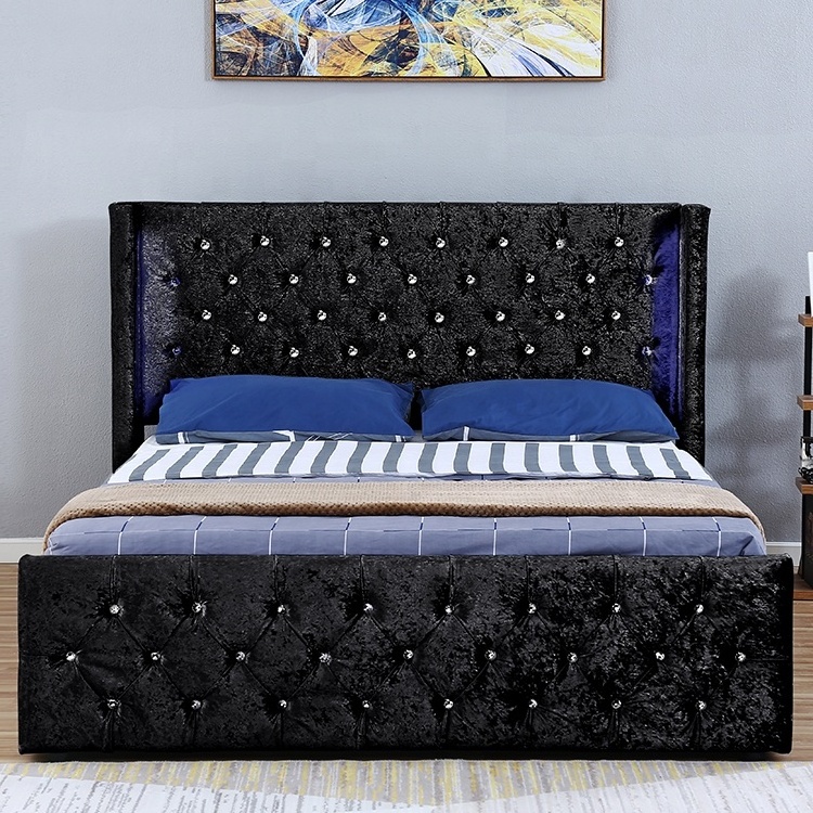 Willsoon Modern Design Silver Velvet Fabric Bed with LED Lights Winged Diamante Headboard Storage Wooden Frame for Home Use