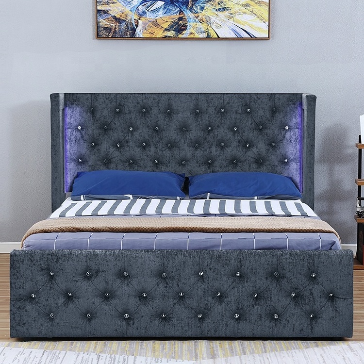 Willsoon Modern Design Silver Velvet Fabric Bed with LED Lights Winged Diamante Headboard Storage Wooden Frame for Home Use