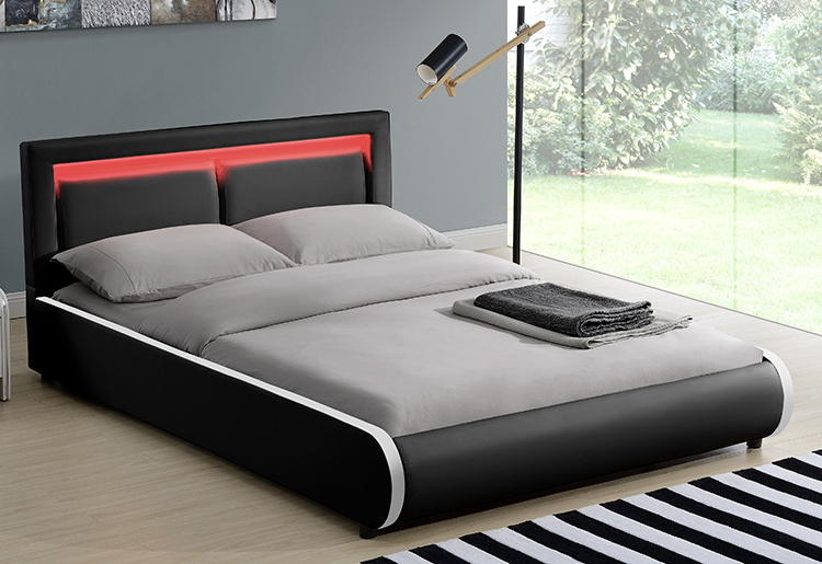 Willsoon Modern European Style LED Bed with Outstanding Headrest Cushion Soft Leather Upholstery on Wooden Frame for Home