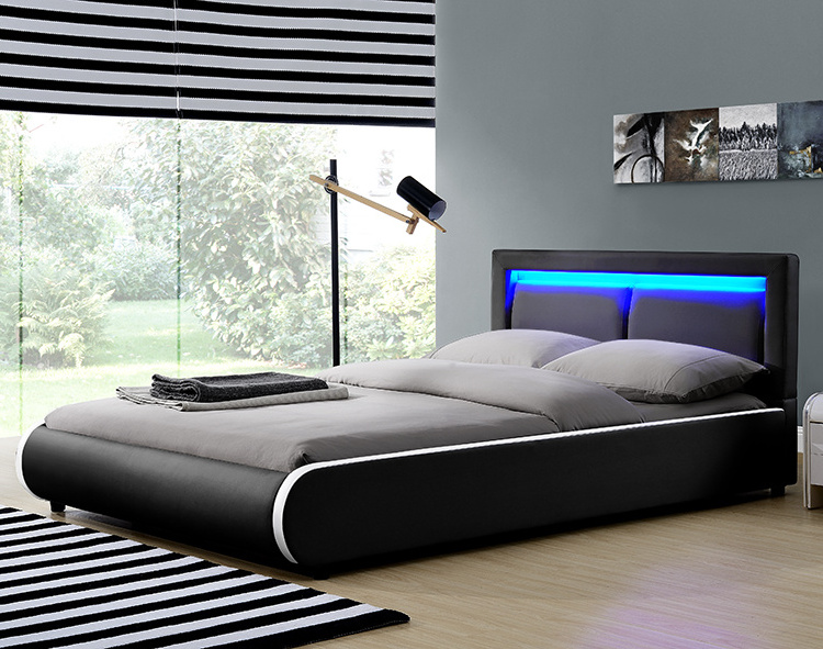 Willsoon Modern European Style LED Bed with Outstanding Headrest Cushion Soft Leather Upholstery on Wooden Frame for Home