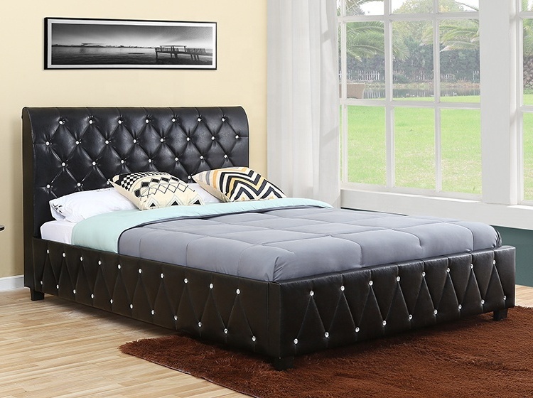 Willsoon  Latest  tufted Royal king size black leather Upholstered Bed with stylish design soft pu headboard