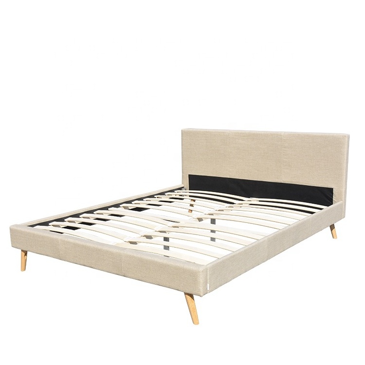 Willsoon Scandinavia Style Modern Design Solid Wood Bed with Linen Fabric Double Size Soft and for Home Furniture