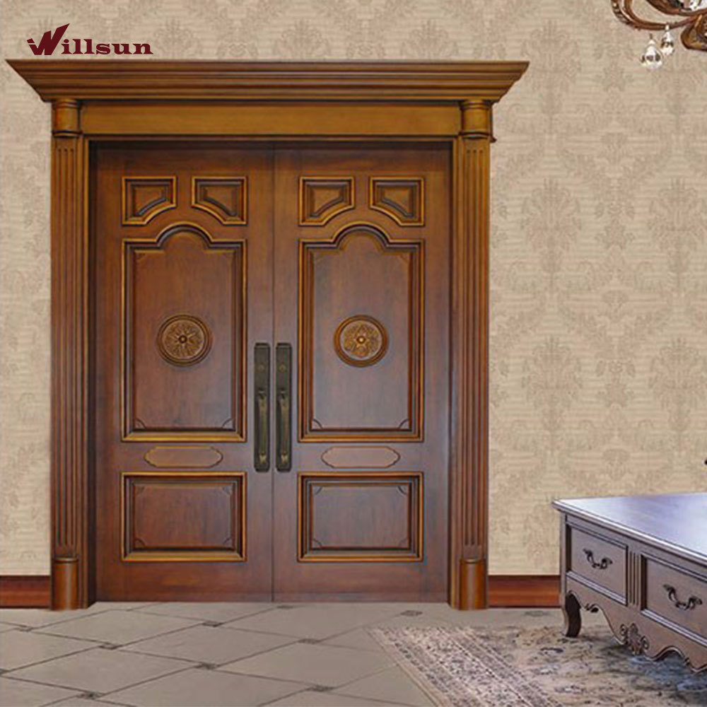 Indian solid timber door entry model teak wood panels carved main front double door design for house