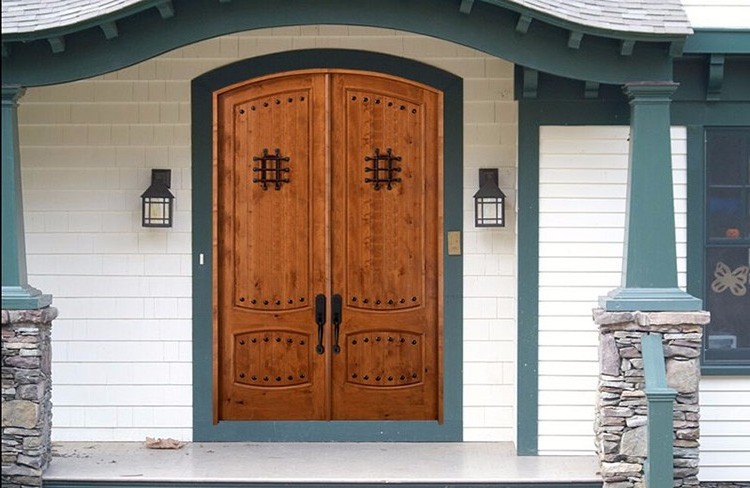 Restaurant entrance solid wooden doors Villa house used exterior double round on top wood steel metal door for sale