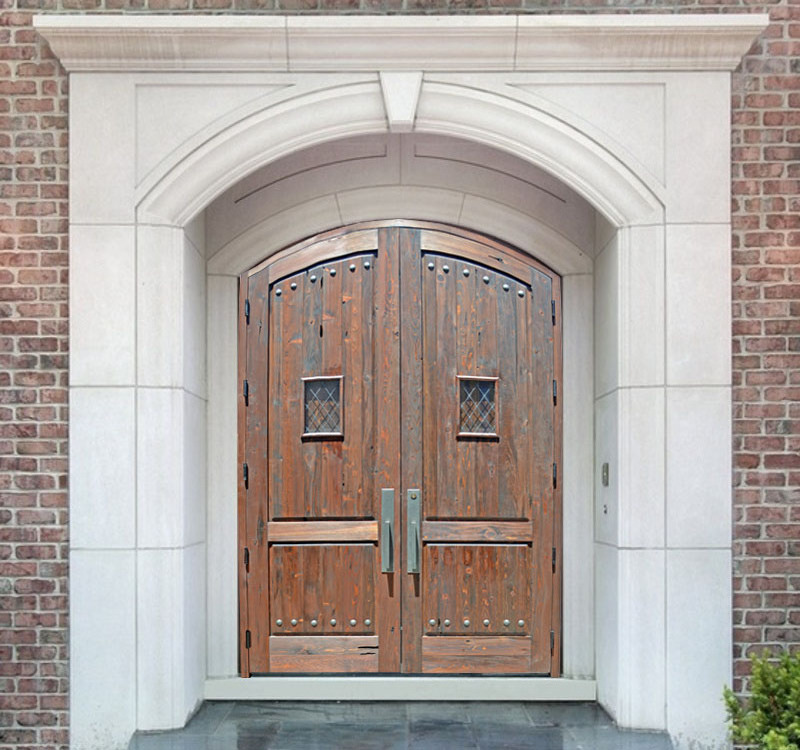 Restaurant entrance solid wooden doors Villa house used exterior double round on top wood steel metal door for sale