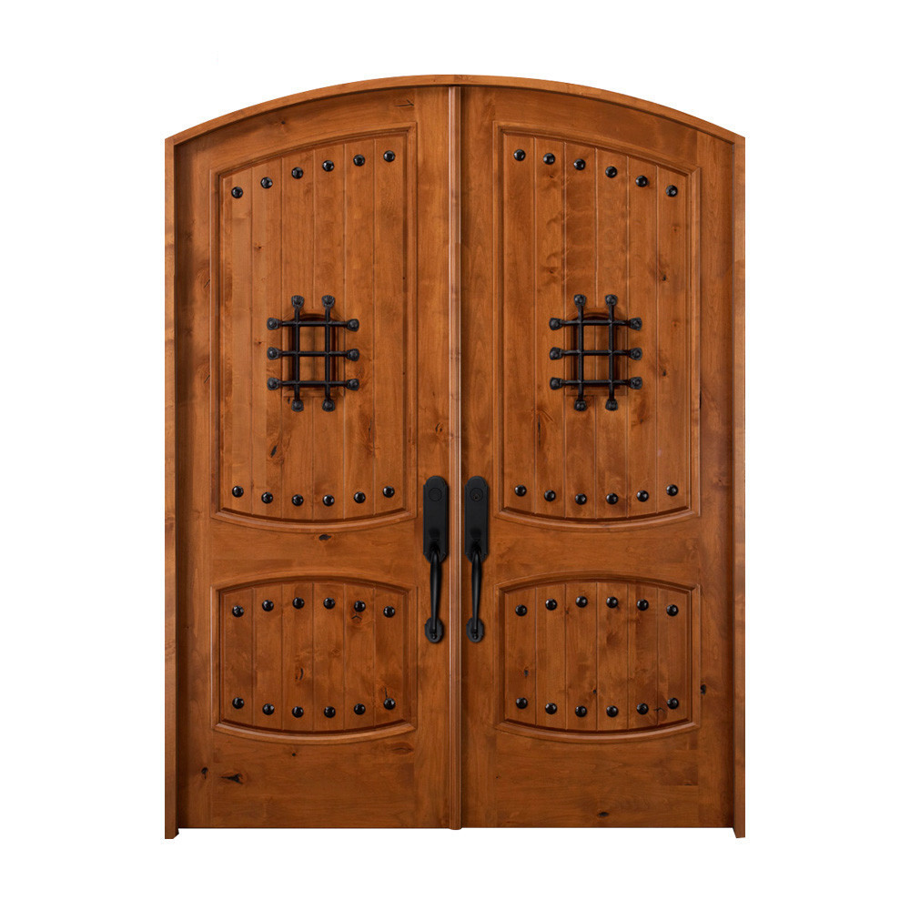 Restaurant entrance solid wooden doors Villa house used exterior double round on top wood steel metal door for sale