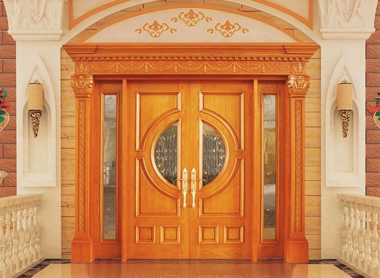 wholesale modern main gate design Philippines cherry wood luxury glass insert double door with sidelight