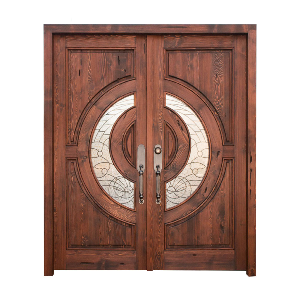 Solid entrance hall main double doors original wood grain with crafts glass for villa /hotel/palace