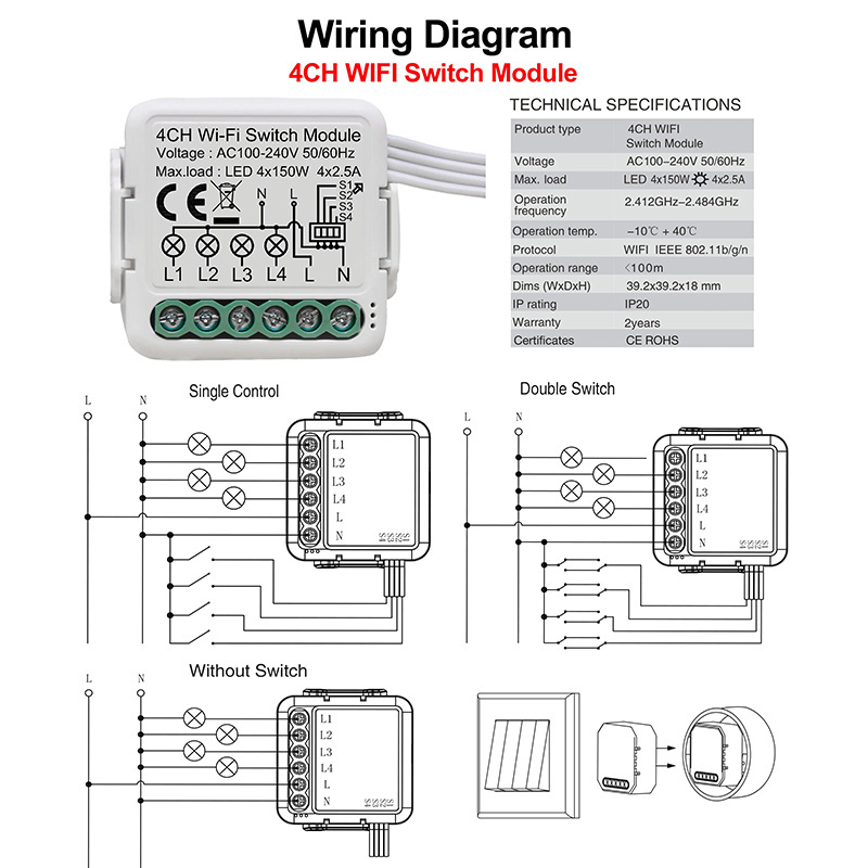 4 Gang Tuya WiFi Mini DIY Smart Switch 2 Way Control Smart Home Automation Module Relay Controller