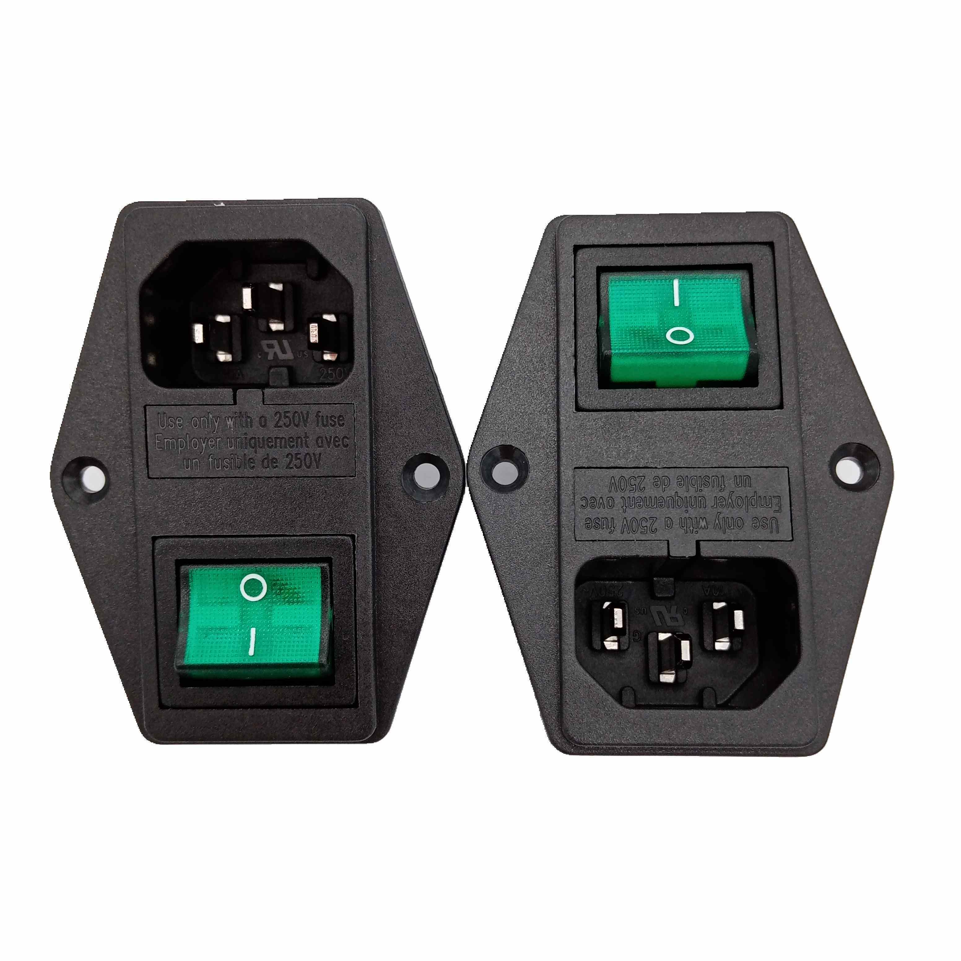 0717 Ac Power Socket With Red Black Green Rocker Switch 3pin And Fuse 15a 250v 3 In 1 Connector Socket with Two Fuses