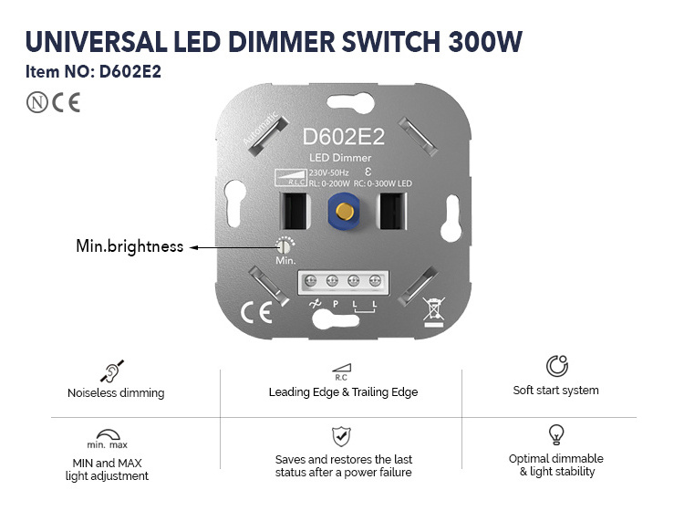 EU standard 220V 300W Universal lighting Controller Manual rotary Led Dimmer Switch for ceiling fan