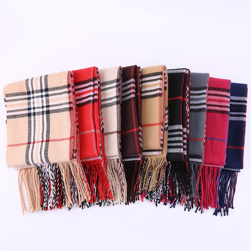 Wholesales Unisex Tassel Shawl Fall Classic Warm Soft Cashmere Feel Plaid Check and Solid Winter Scarf for Women Men