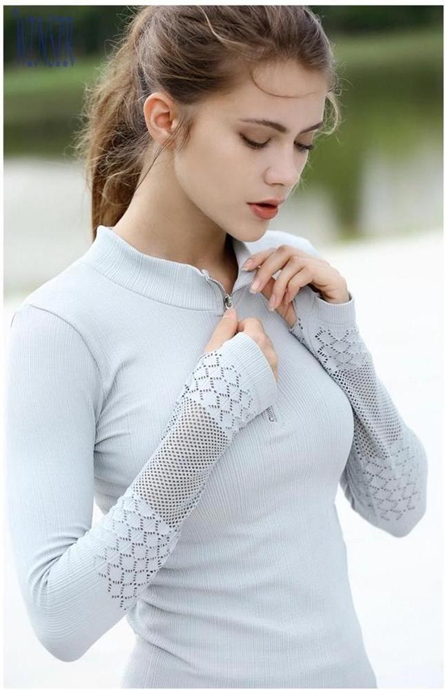 Yoga Fitness gym Clothing White Color workout Apparel long sleeve seamless top women with mesh panel and & Thumb Hole