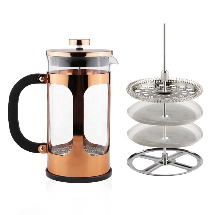 French Press Coffee Maker,Glass Classic Copper Stainless Steel Coffee Press,Cold Brew Heat Resistant Borosilicate Coffee Pot