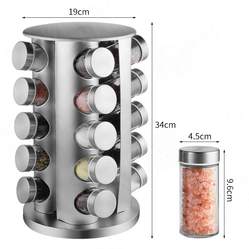 Food Grade Stainless Steel Revolving 20-Jar Countertop Rack Tower Organizer Polished Silver Color