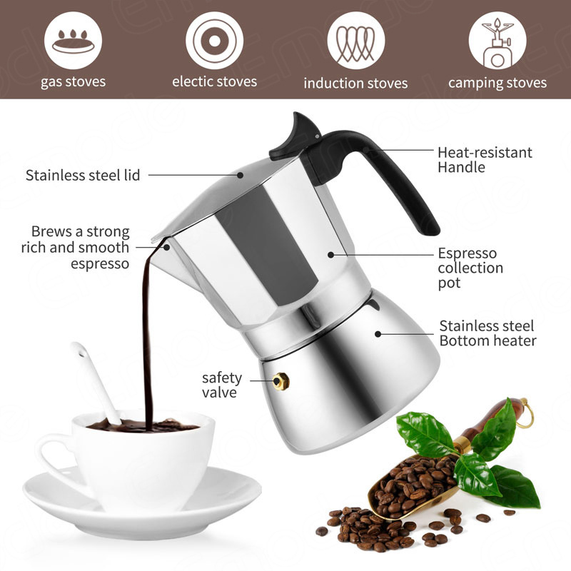 Moka Pot -6 Cup Stovetop Espresso Maker - 100% Stainless Steel Italian and Cuban Mocha Coffee Maker