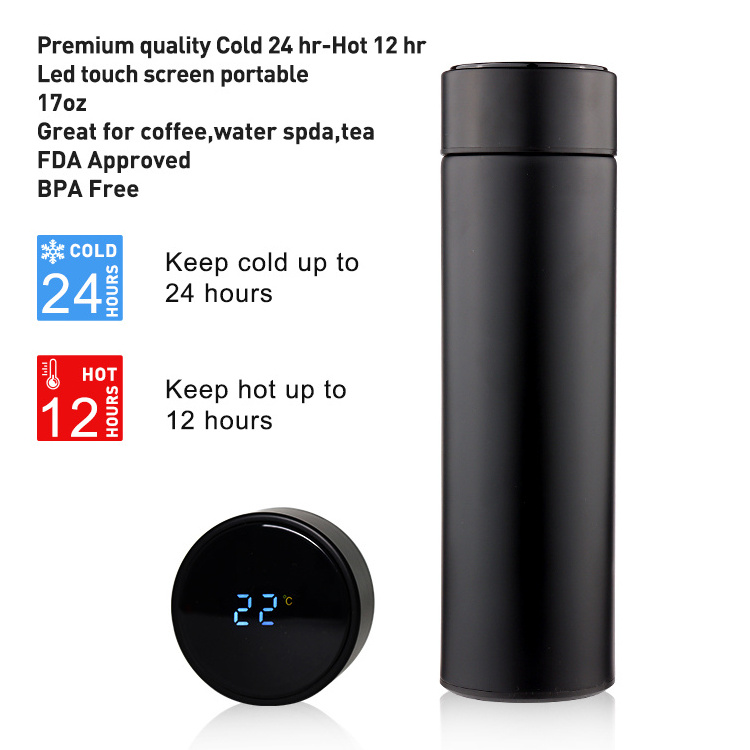 Sublimation Smart LED Insulated Flask, Stainless Steel Temperature Display Water Bottle with Tea Strainer, Travel Tumbler Cup