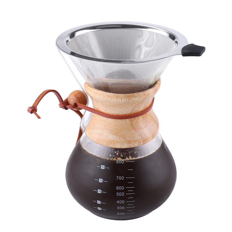 800ML Outdoor Camping Glass Durable Permanent Steel Filter Pour Over Coffee Dripper With Silicone Wooden Band For Cup