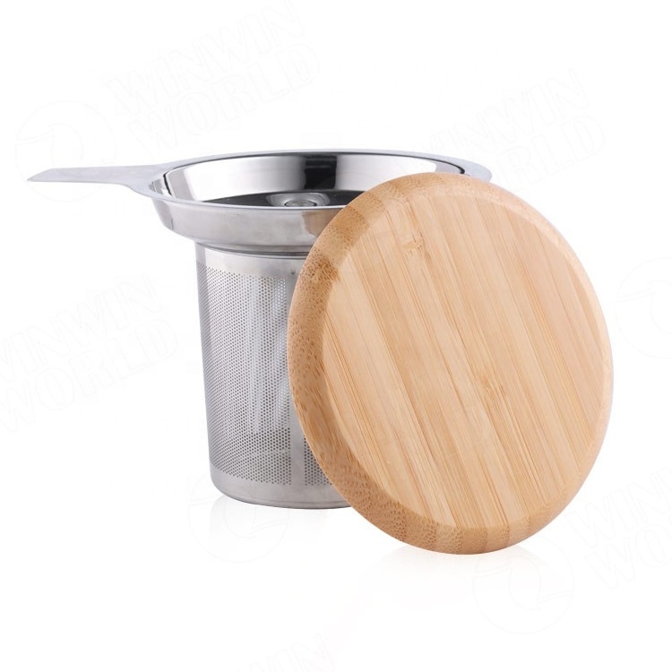 Tea Infuser Basket Stainless Steel Tea Filter With Bamboo Lid Drip Tray Tea Diffuser for Hanging on Teapots Mugs Cup