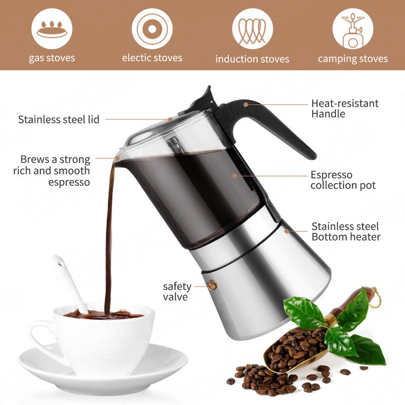 High Borosilicate Glass Top Stovetop Espresso Coffee Maker 4/6/9Cup Coffee Pot Health Moka Pot Stainless Steel with Milk Frother