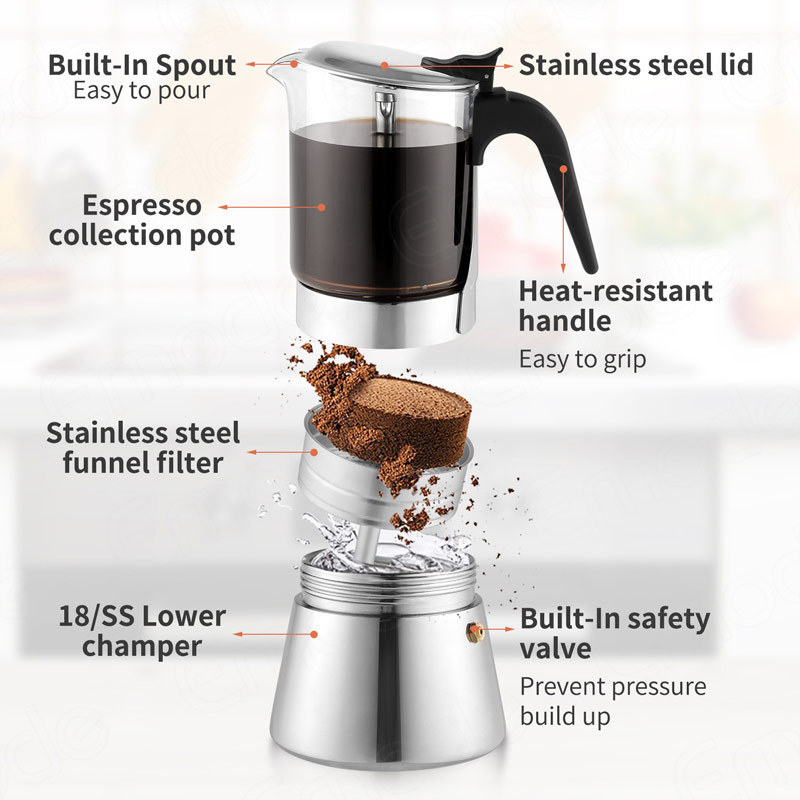 High Borosilicate Glass Top Stovetop Espresso Coffee Maker 4/6/9Cup Coffee Pot Health Moka Pot Stainless Steel with Milk Frother