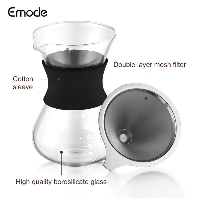 High Heat Resistant Carafe 600ml  Coffee Dripper Brewer, Pour Over Coffee Maker with Triple Layer Stainless Steel Filter