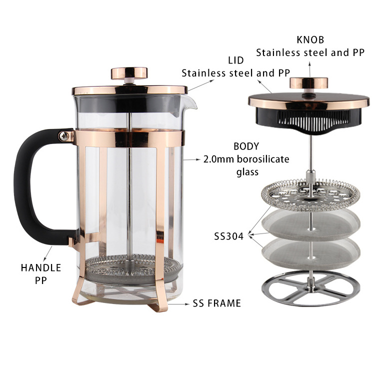 304 Grade Rose golden Stainless Steel French Press Coffee Maker 34 Ounce with 4 Level Filtration System Glass French Coffee Pres