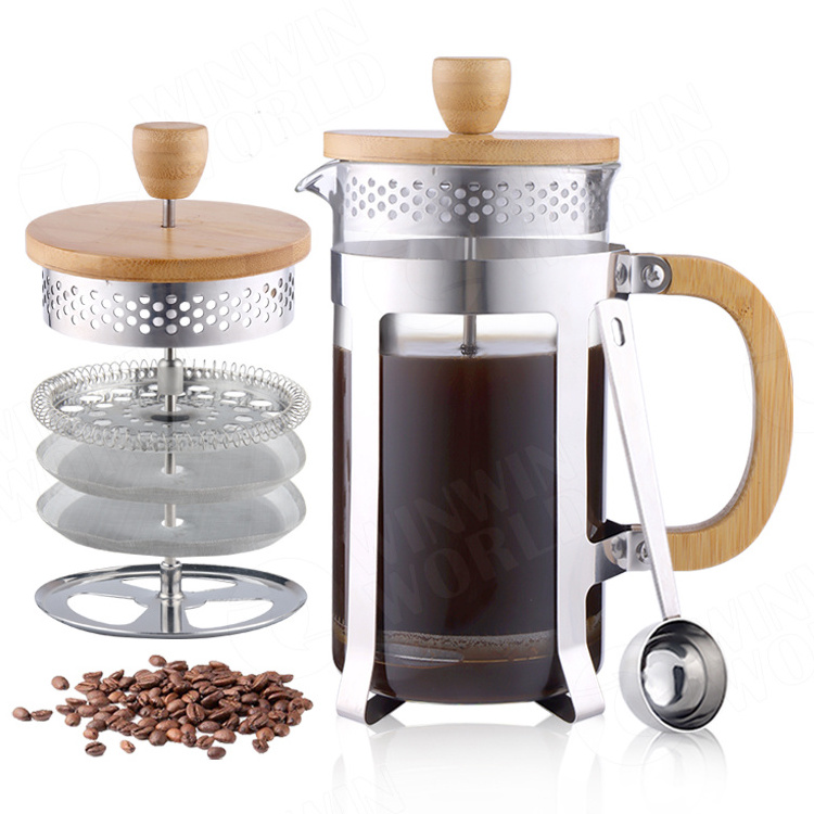 New Design Bamboo French Press 18/8 Stainless Steel High Borosilicate Plastic-free Carafe Espresso Press Coffee/Tea Maker