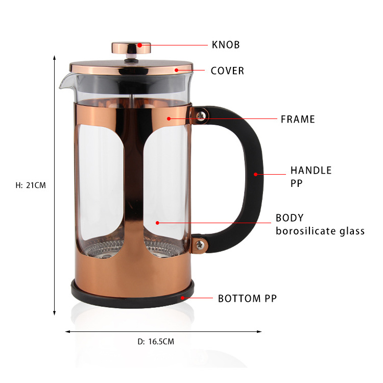 French Press Coffee Maker,Glass Classic Copper Stainless Steel Coffee Press,Cold Brew Heat Resistant Borosilicate Coffee Pot