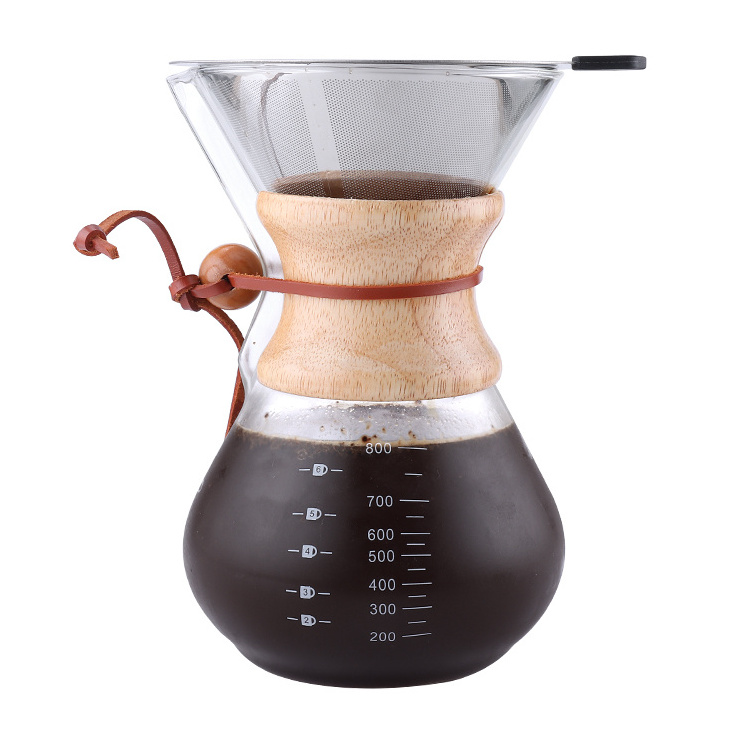 800ML Outdoor Camping Glass Durable Permanent Steel Filter Pour Over Coffee Dripper With Silicone Wooden Band For Cup