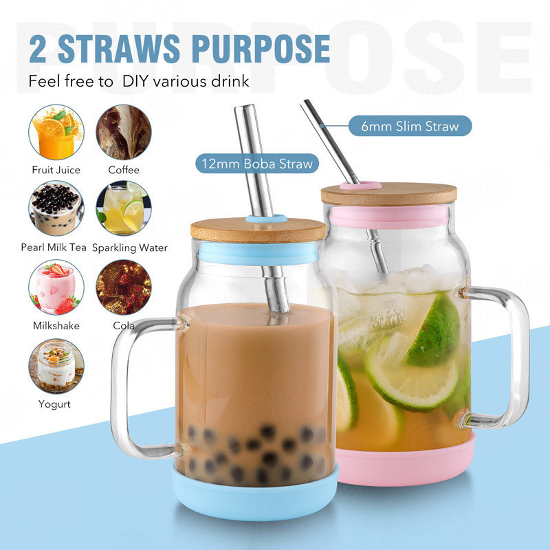 Emode 22oz Glass Jar with Bamboo Lid, Glass Iced Coffee Cups Tumbler with Handle and Straw, Wide Mouth Water Tumbler Jug