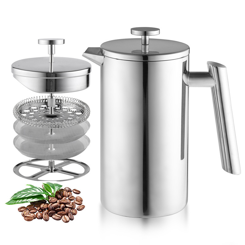 Large French Press Coffee Maker & Camping Coffee Pot  Double Wall Stainless Steel Tea   Coffee Press with Extra Filter