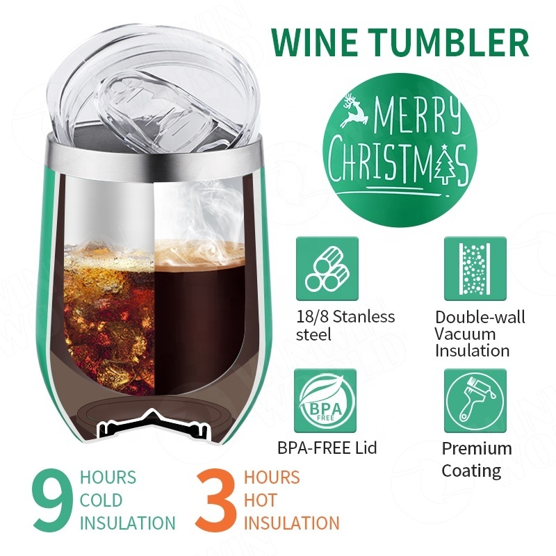 12 oz Sublimation Christmas Gift Double Wall Vacuum Insulated Travel Stainless Steel Wine Glasses with Straws for Coffee Wine