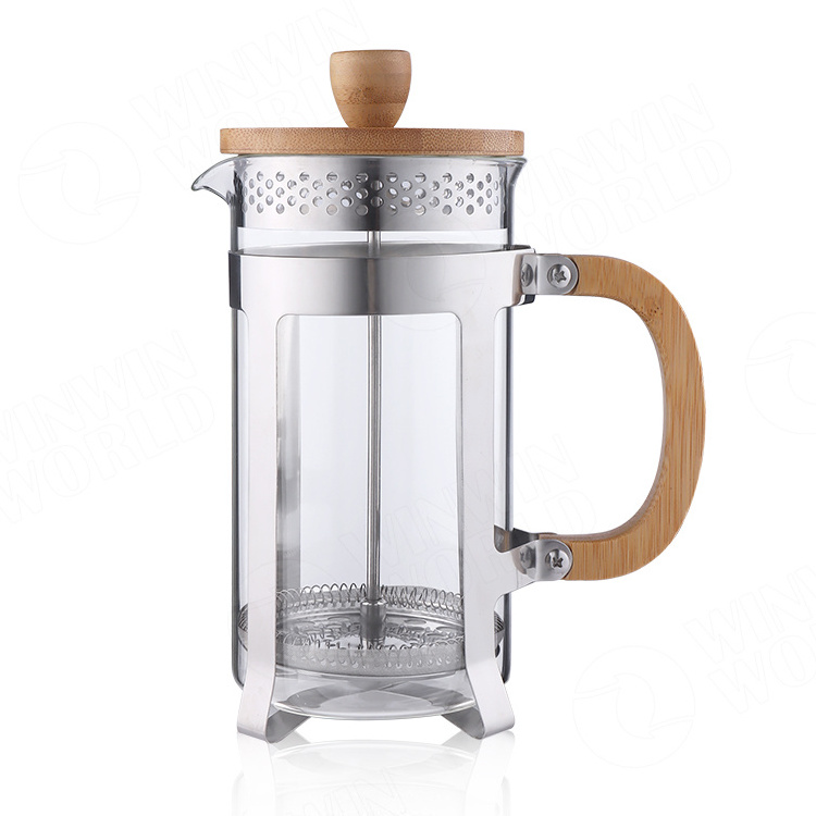 New Design Bamboo French Press 18/8 Stainless Steel High Borosilicate Plastic-free Carafe Espresso Press Coffee/Tea Maker