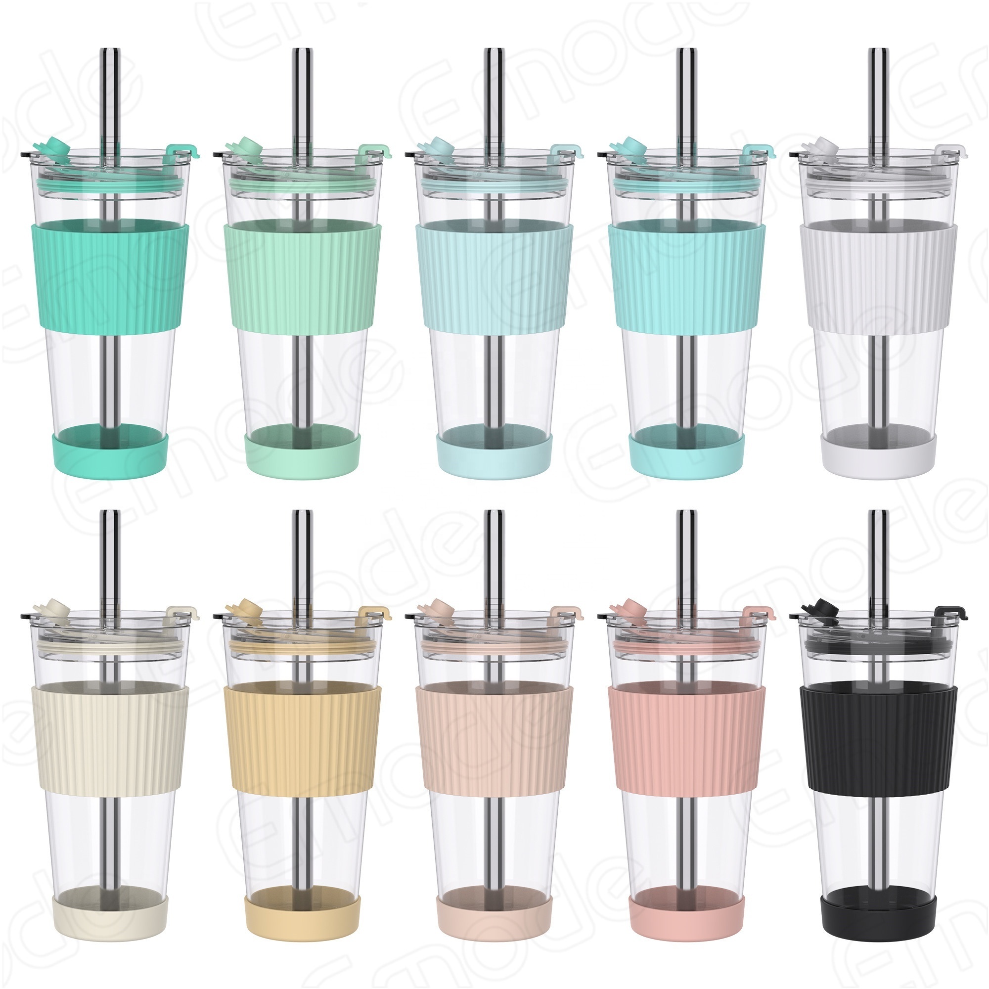 Eco friendly Reusable BPA Free Smoothies glass Boba Drinking Cup with Lids Silicone protective sleeve and wide metal straw