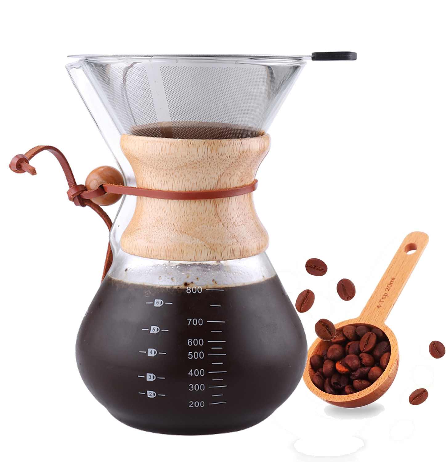 800ML Outdoor Camping Glass Durable Permanent Steel Filter Pour Over Coffee Dripper With Silicone Wooden Band For Cup