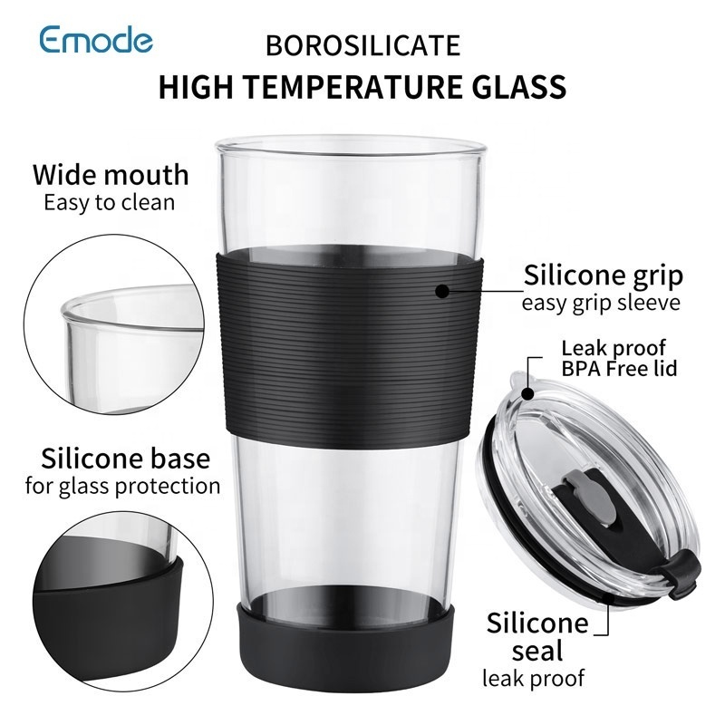 Eco friendly Reusable BPA Free Smoothies glass Boba Drinking Cup with Lids Silicone protective sleeve and wide metal straw