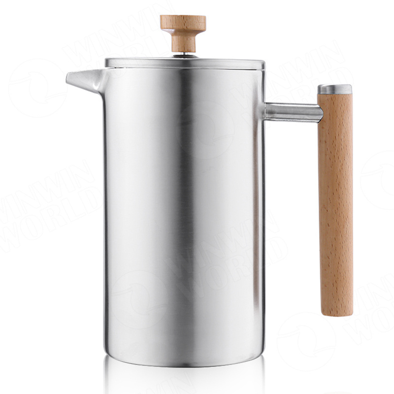 New design Hot sale cream white color Double wall stainless steel coffee press with wooden handel