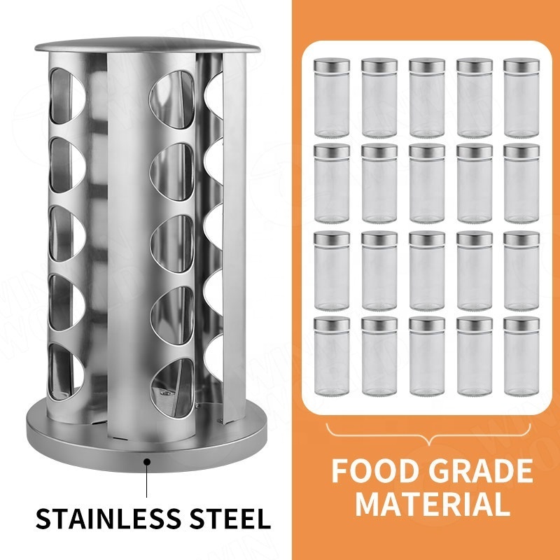 Food Grade Stainless Steel Revolving 20-Jar Countertop Rack Tower Organizer Polished Silver Color