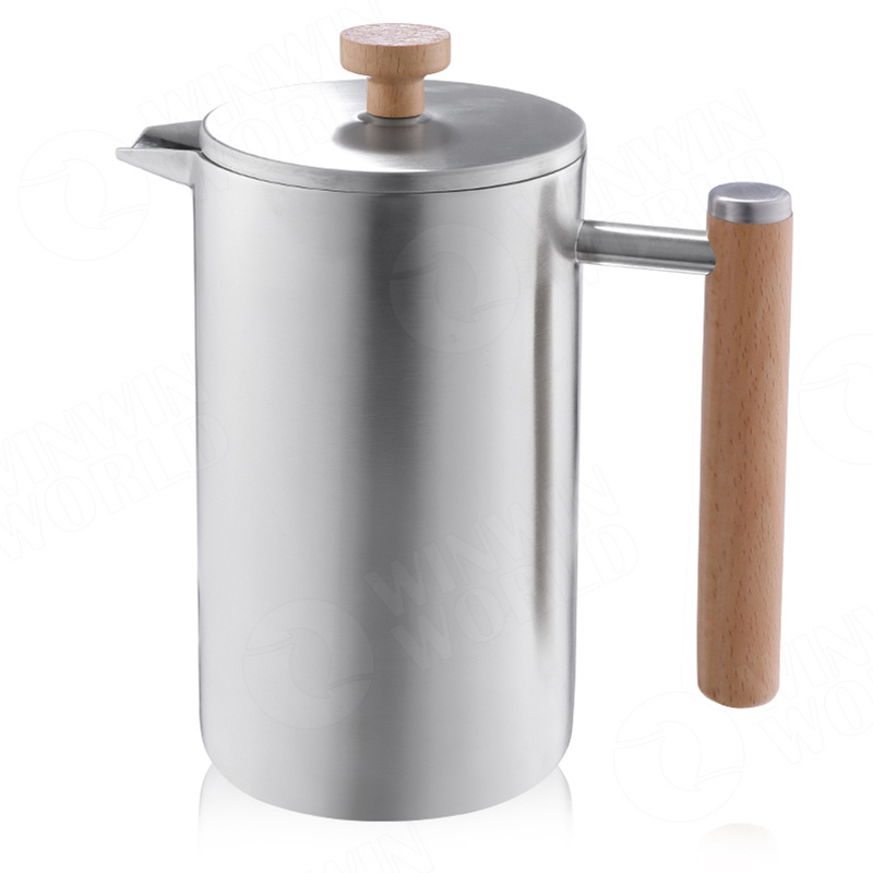 New design Hot sale cream white color Double wall stainless steel coffee press with wooden handel