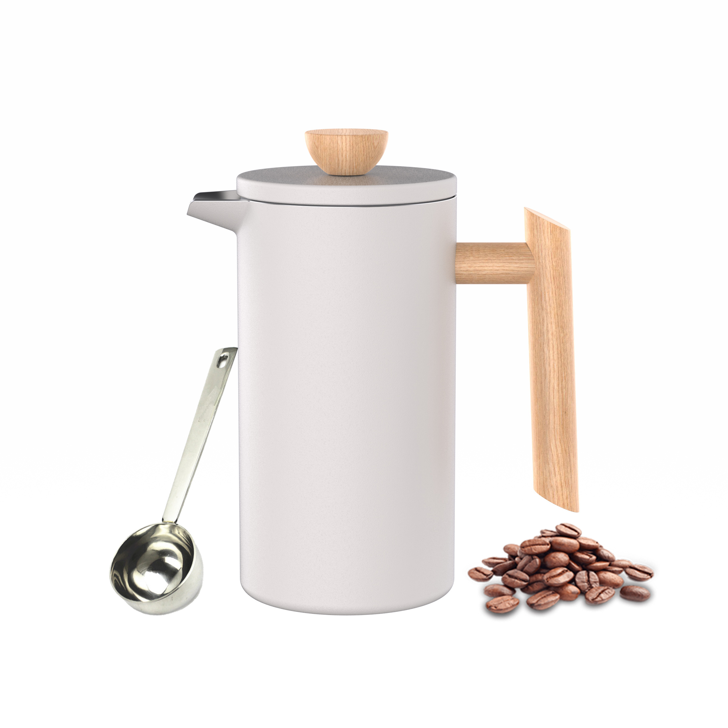 New design Hot sale cream white color Double wall stainless steel coffee press with wooden handel