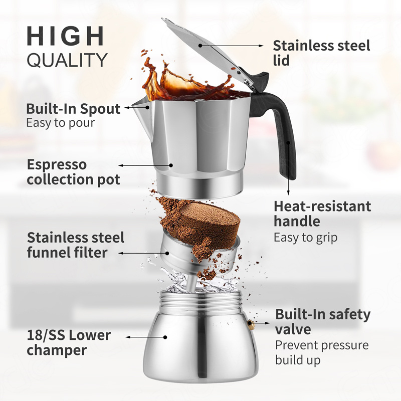 Moka Pot -6 Cup Stovetop Espresso Maker - 100% Stainless Steel Italian and Cuban Mocha Coffee Maker