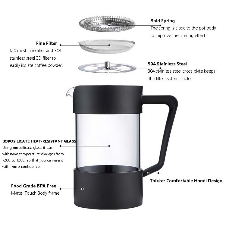 Promotional Gifts Stock Elegant  Plastic French Press Tea and Coffee Maker with Plunger, French Press 1L  Borosilicate Glass