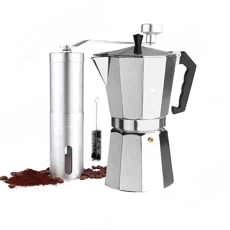 Stovetop Aluminum Espresso Coffee Maker, Moka pot aluminum Italian Espresso coffee maker coffee machine with Manual Grinder Set