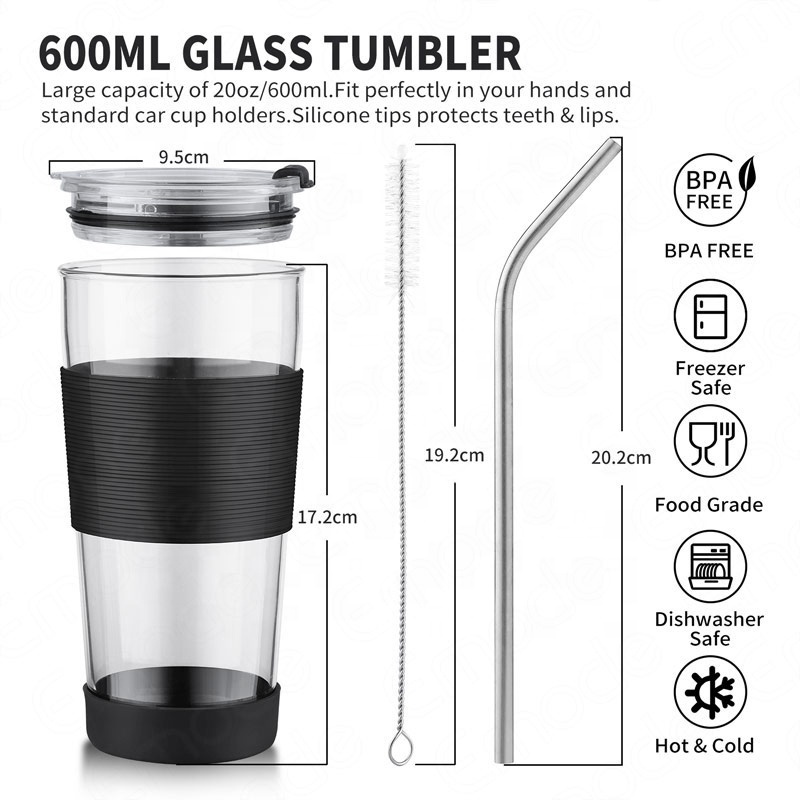 Eco friendly Reusable BPA Free Smoothies glass Boba Drinking Cup with Lids Silicone protective sleeve and wide metal straw