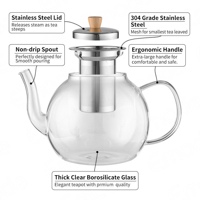 Glass Teapot with Infuser Clear Glass Tea Kettle with Removable Stainless Steel Strainer Tea Pot for Blooming Loose Leaf Tea