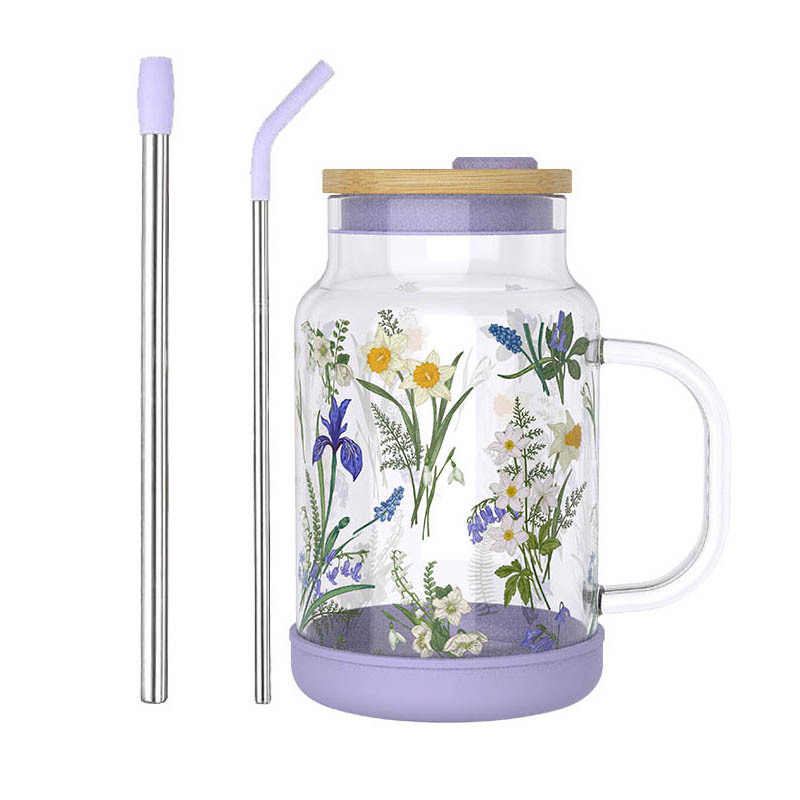 Emode 22oz Glass Jar with Bamboo Lid, Glass Iced Coffee Cups Tumbler with Handle and Straw, Wide Mouth Water Tumbler Jug