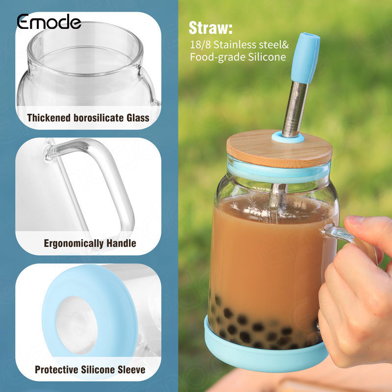 Emode 22oz Glass Jar with Bamboo Lid, Glass Iced Coffee Cups Tumbler with Handle and Straw, Wide Mouth Water Tumbler Jug