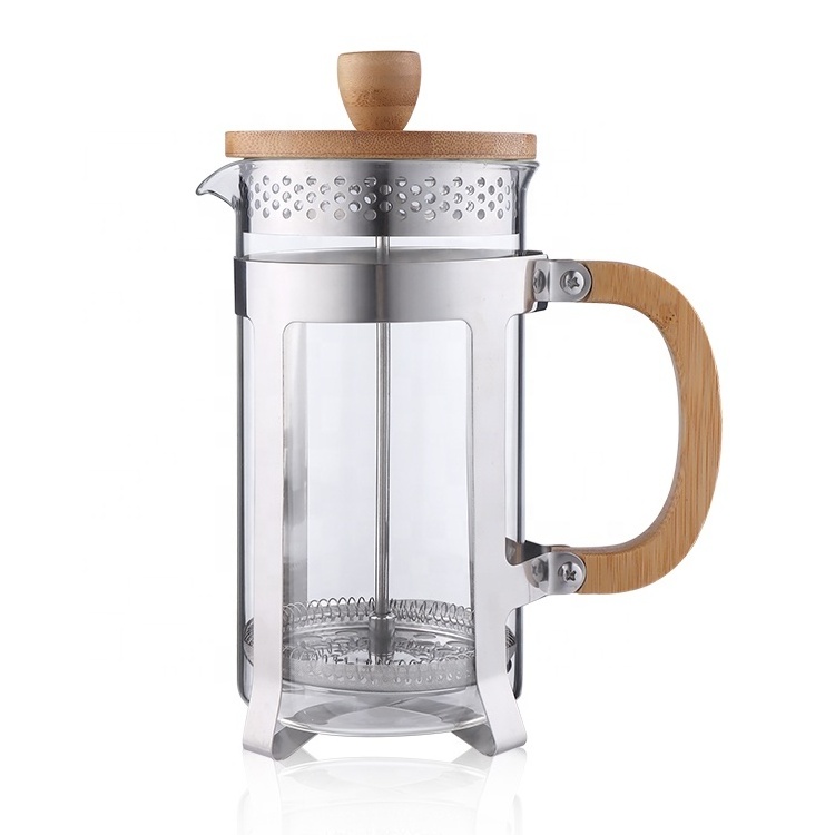 New Arrival Bamboo French Press Coffee Maker Coffee Plunger With Bamboo Lid,Double Wall Glass Handle French Press 600ml